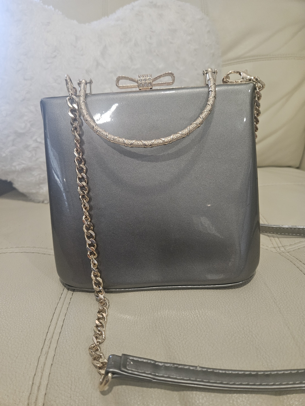 Elegant Gray Patent Box Bag with Gold Accents